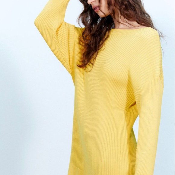 NWT ZARA Knit Sweater RIBBED BACK STRAP STRETCH MINI DRESS YELLOW LARGE - Picture 4 of 11